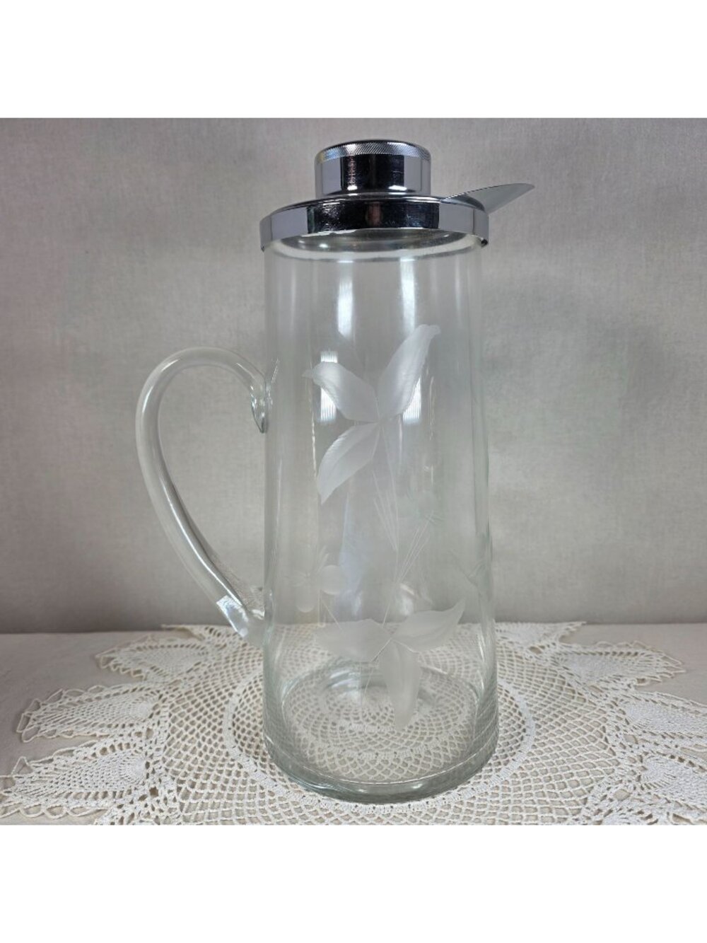 Mid Century Modern Clear Glass Cocktail Pitcher With Floral Etching & Chrome Lid